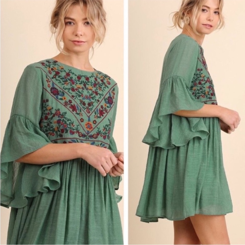Umgee | Boho Bliss Embroidered Bell Sleeve Floral Babydoll Dress Sage Green Sz S